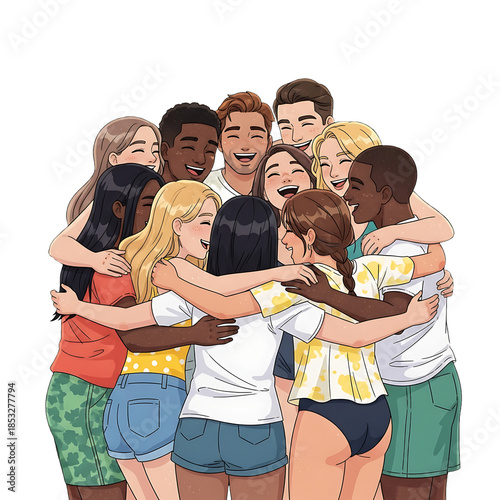 Diverse friends hugging each other. 