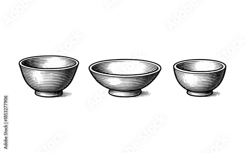 Hand drawn set of three rustic bowls in black and white engraving style