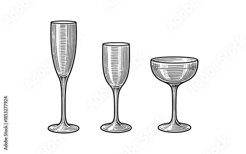 Sketch of three elegant wine glasses: flute, tumbler, coupe