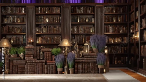 A cozy library scene featuring multiple bookshelves filled with antique books