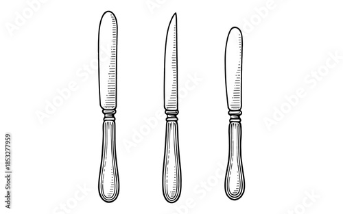 Set of vintage engraved knives with detailed handles