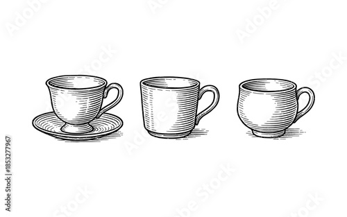 Elegant sketch of tea and coffee cups on white background