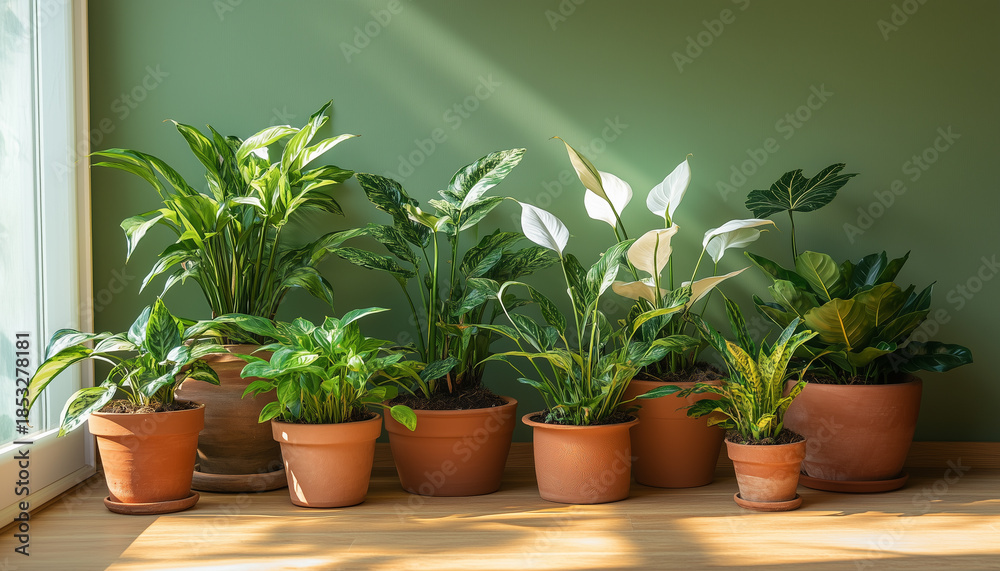 Fototapeta premium Assortment of indoor plants in pots, positioned near window. Plants include greenery. Concept of interior design with indoor plants