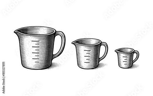 Vintage engraving style measuring cups set in different sizes