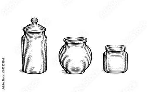 Hand drawn engraving style vintage jars collection on white background