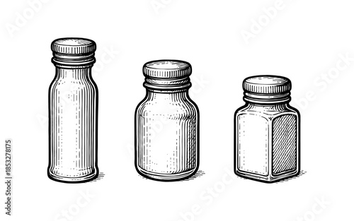 Vintage bottles set: detailed hand drawn collection of three unique bottle designs