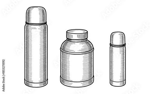 Hand drawn thermos bottles collection in vintage style
