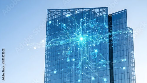 Smart City Network: Futuristic Data Flow on Modern Glass Building Facade, Bright Blue Cyber Technology, Digital Transformation, High-Tech Architecture