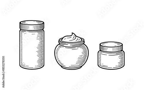 Hand drawn skincare containers with textured detail for cosmetic packaging