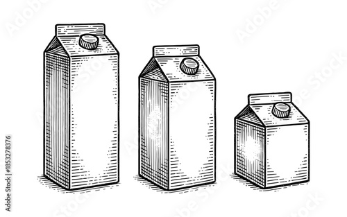 Hand drawn milk carton set in vintage style with three sizes on white background