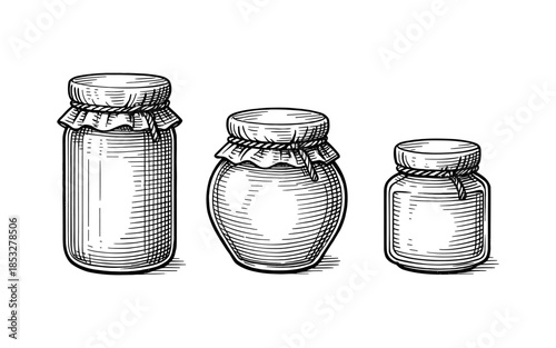 Rustic hand drawn jars with covers in vintage style
