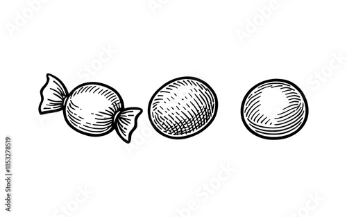 Hand drawn candy collection featuring wrapped and unwrapped sweets