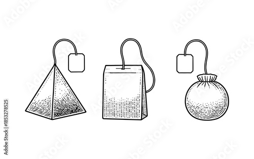 Hand drawn tea bags set: pyramid, square, round designs
