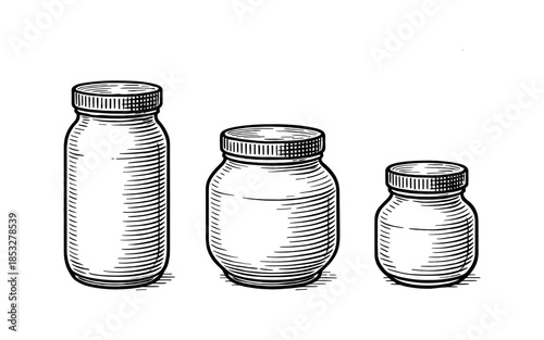 Hand-drawn jars with lids in vintage style on white background