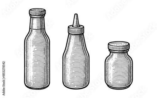Vintage engraving style bottles collection for sauces and condiments