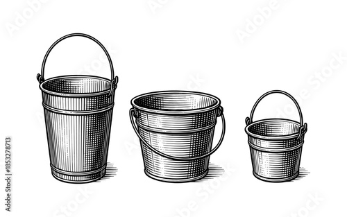Elegant hand drawn metal buckets illustration in black and white