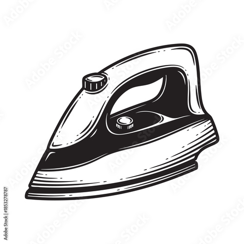 Detailed black and white engraving drawing of an old-fashioned electric steam iron, vital for smoothing clothes.