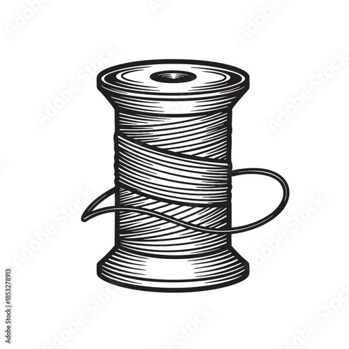Engraved Style Illustration of a Wooden Spool of Thread, a Fundamental Tool for Sewing and Repairing Textiles.