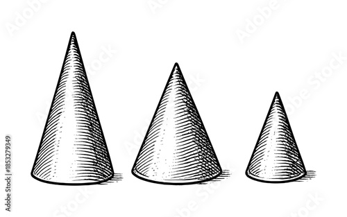Hand drawn cones in different sizes with detailed shading on white background