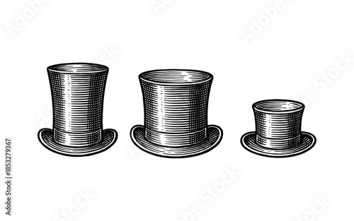 Set of vintage top hats in engraved style
