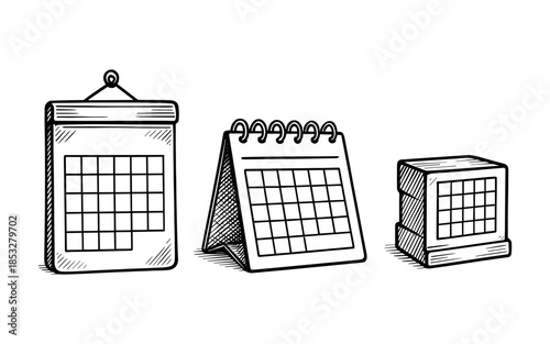 Hand-drawn calendar icons: wall, desk, and block designs in black and white