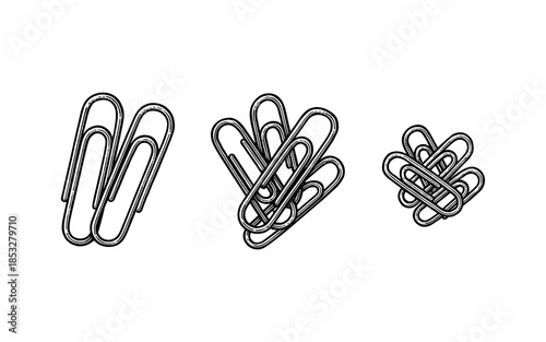 Minimalist linear paperclips arrangement on white background