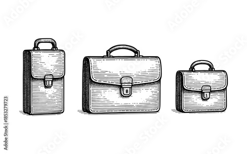 Vintage style hand-drawn set of three distinct leather briefcases
