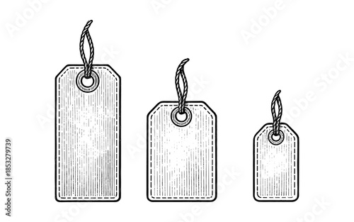 Vintage hanging price tags with stitch details in retro style