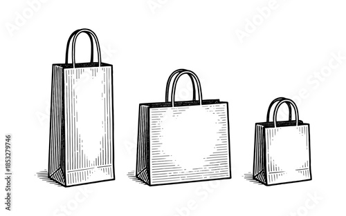 Vintage hand drawn shopping bags in black and white ink sketch style