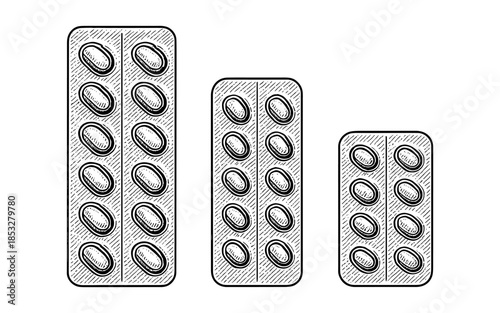 Sketch style tablet blister packs in black and white