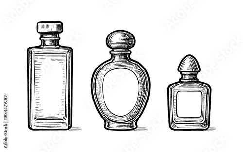 Elegant vintage glass bottles collection in hand-drawn style