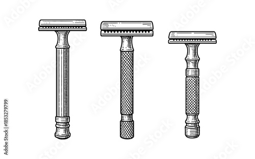 Vintage engraved safety razors set: hand drawn grooming tools in black and white