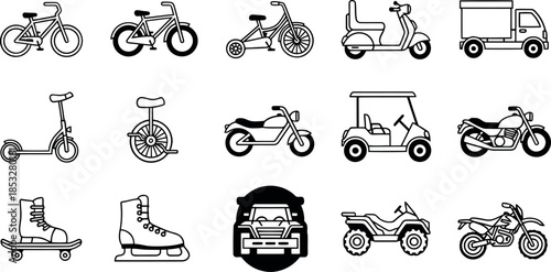 Black and White Transportation icons Set for Illustrations