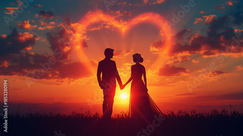 Romantic Couple Silhouette at Sunset – Love, Engagement & Wedding Concept