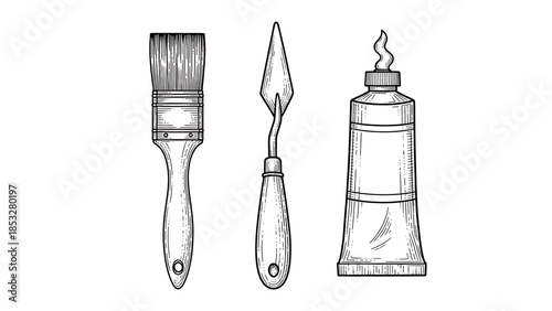 Illustration of art tools illustration including brush, knife, and paint tube