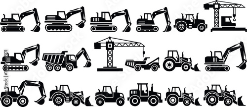 Black construction machinery and heavy equipment icon set