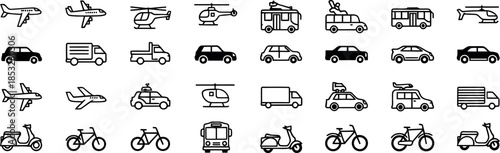 Black and White Transport icons Set for Illustrations