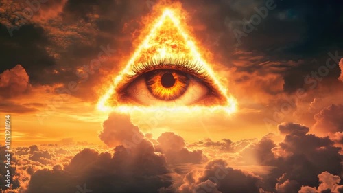 Fiery burning Eye of Providence in sky among clouds. All-seeing God's eye on fire. Symbol of Illuminati and Freemasons