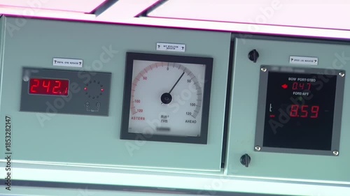 Ship Bridge Navigation Instruments, Gyro Repeater, RPM and Doppler Speed Log - Close Up 