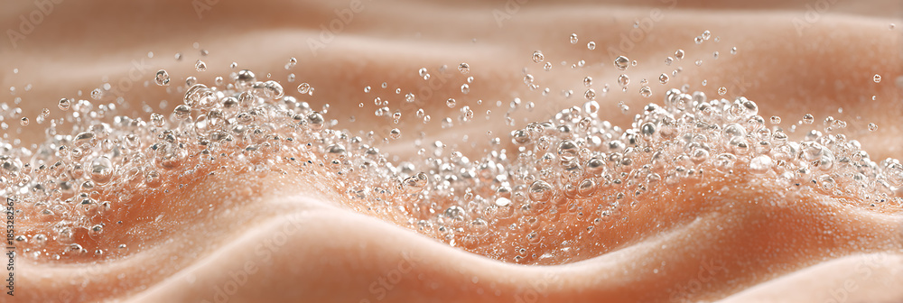 Fototapeta premium Close up of sparkling water bubbles dancing over soft peach toned skin like surface, macro freshness texture ideal for skincare hydration, spa wellness and cosmetic advertising visuals