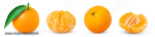 Photos Ripe organic mandarin, tangerine or clementine fruit with green leaf and peeled mandarin and half of tangerine isolated set