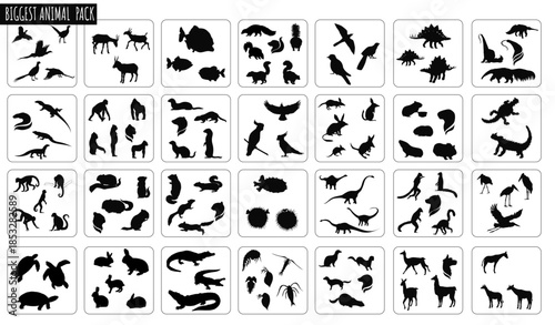 Silhouette Zoo: A collection of various animal silhouettes, arranged in a grid-like pattern against a simple backdrop, perfect for design usage