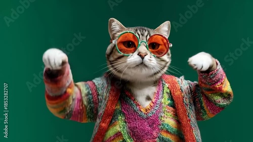 Cat wearing colorful clothes and sunglasses dancing on the green background, Cat wearing colorful clothes and sunglasses dancing joyfully against a vibrant green background