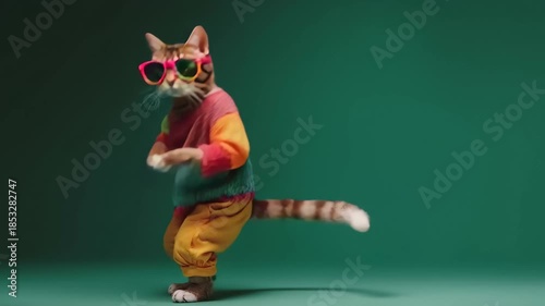 Cat wearing colorful clothes and sunglasses dancing on the green background, Cat wearing colorful clothes and sunglasses dancing joyfully against a vibrant green background