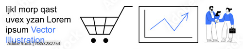 E-commerce, sales analysis, professional networking, growth strategies, data presentation, teamwork. Minimal shopping cart, chart with growth arrow and business professionals. E-commerce and sales
