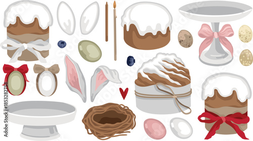Hand-drawn Easter illustrations set of Easter cakes and dyed eggs, bird nest and bows and candles, spring holiday collection