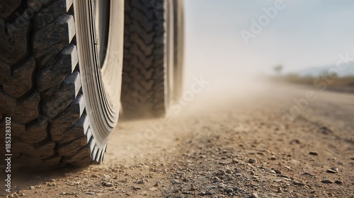 Truck tires dusty gravel road surface