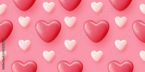 Cute 3D Valentine background with repeating white, red, and pink symbols. Modern romantic texture perfect for greeting cards, gift wrap, fabric prints, or decorative wallpaper designs