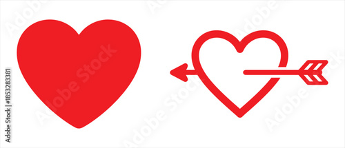 Love Icons, Red Heart Symbols and Cupid Arrow Outline