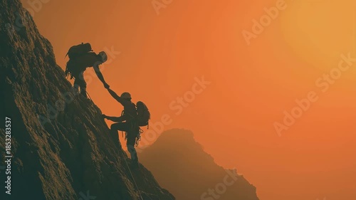 climber helping others at the mountain, Mountain climber assisting others during a challenging ascent, showcasing teamwork and bravery